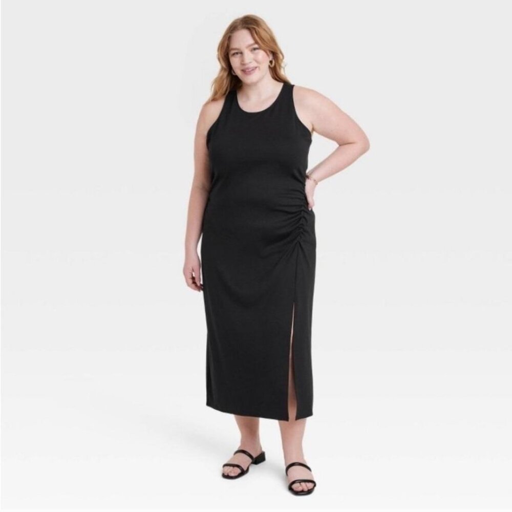 A New Day Black Ruched Sleeveless Ponte Dress
